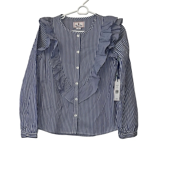 Classic Prep girls Gemma Roman Blue Striped Ruffle Blouse sz 14 nwt - Picture 1 of 3